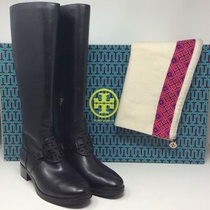 Tory Burch Miller Riding Boots Black Leather Logo Pull on Sz 9